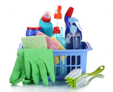 Technician using protective gloves and equipment during carpet cleaning